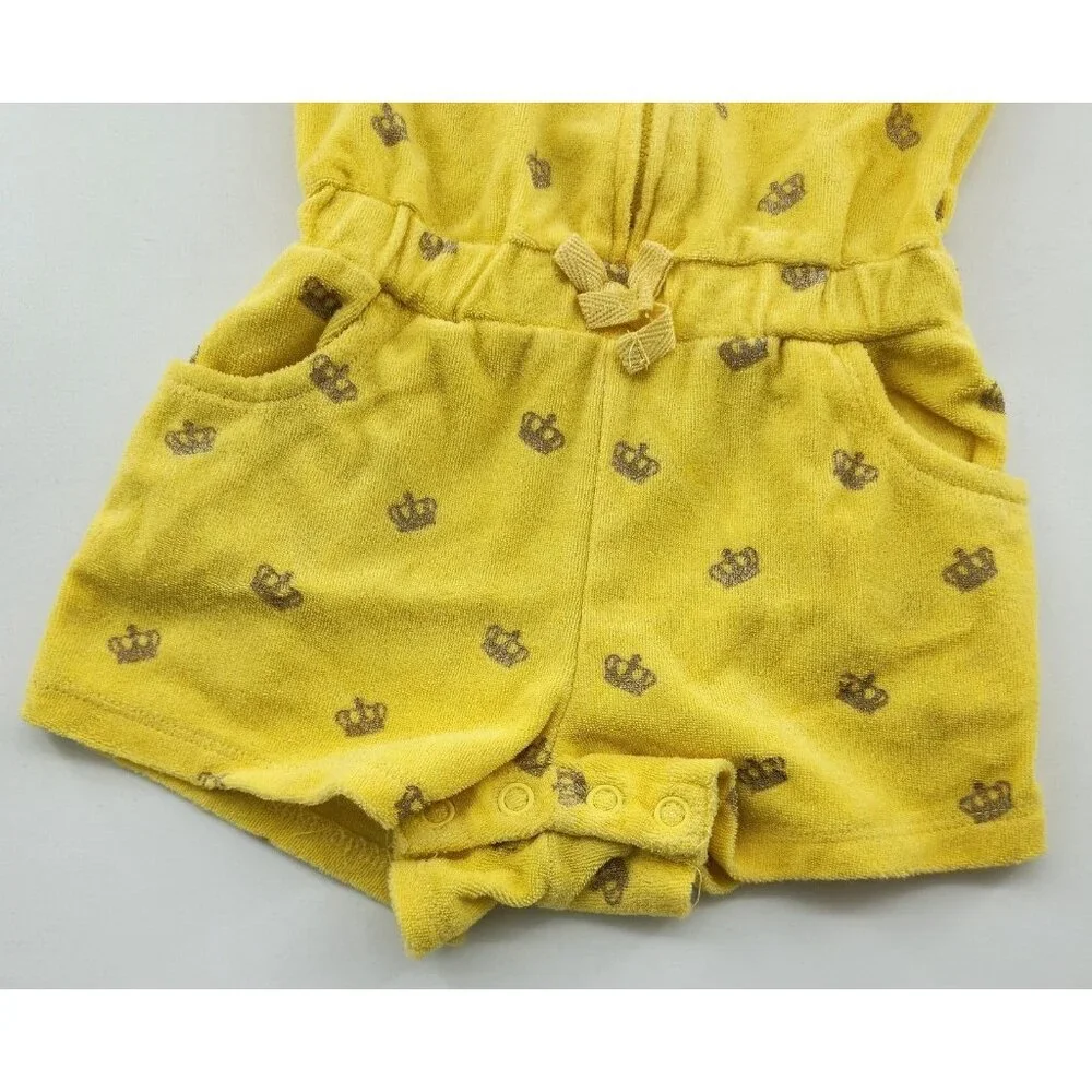 Juicy Couture Baby Girl Zip Front Hooded Romper Terry Cloth Yellow Crowns Sz 18M